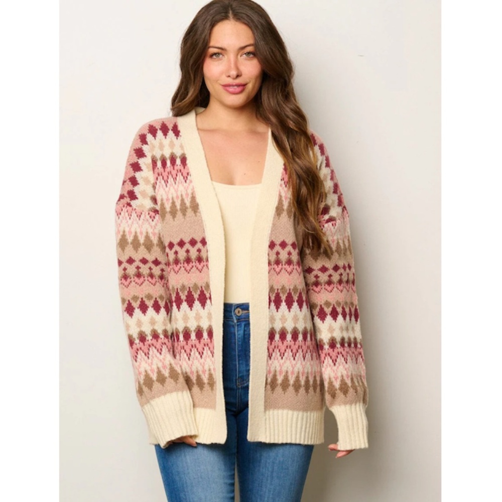 Open-Front Fair Isle Cardigan - Cream & Pink
